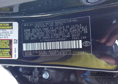 2025 Toyota Camry Se from USA, damaged, VIN 4T1DAACK5SU169987